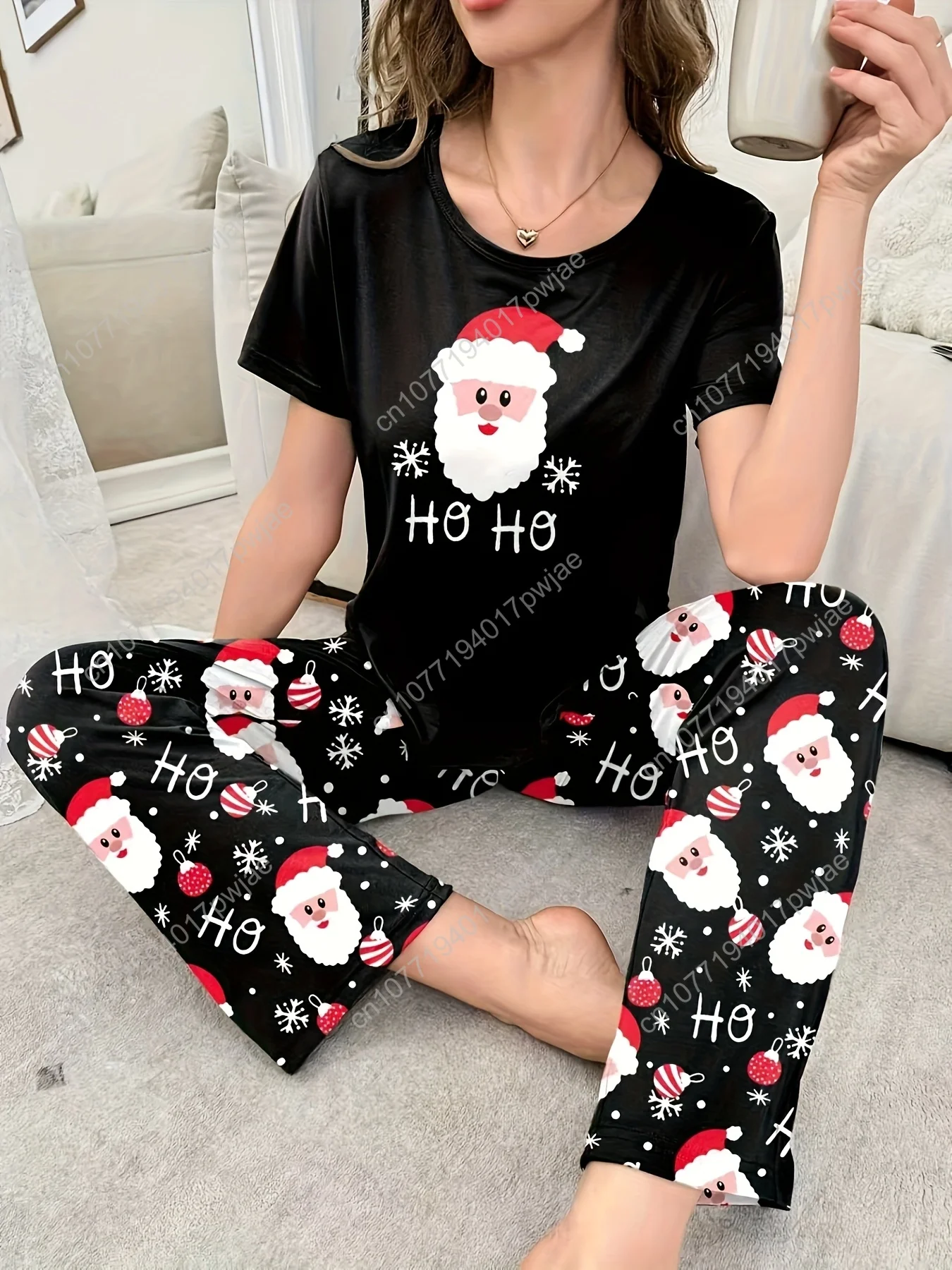 Christmas Women'S Short And Long Pajamas, Santa Claus And Letter Prints, Festive Sleepwear for Parties, Two-Piece Loungewear Set