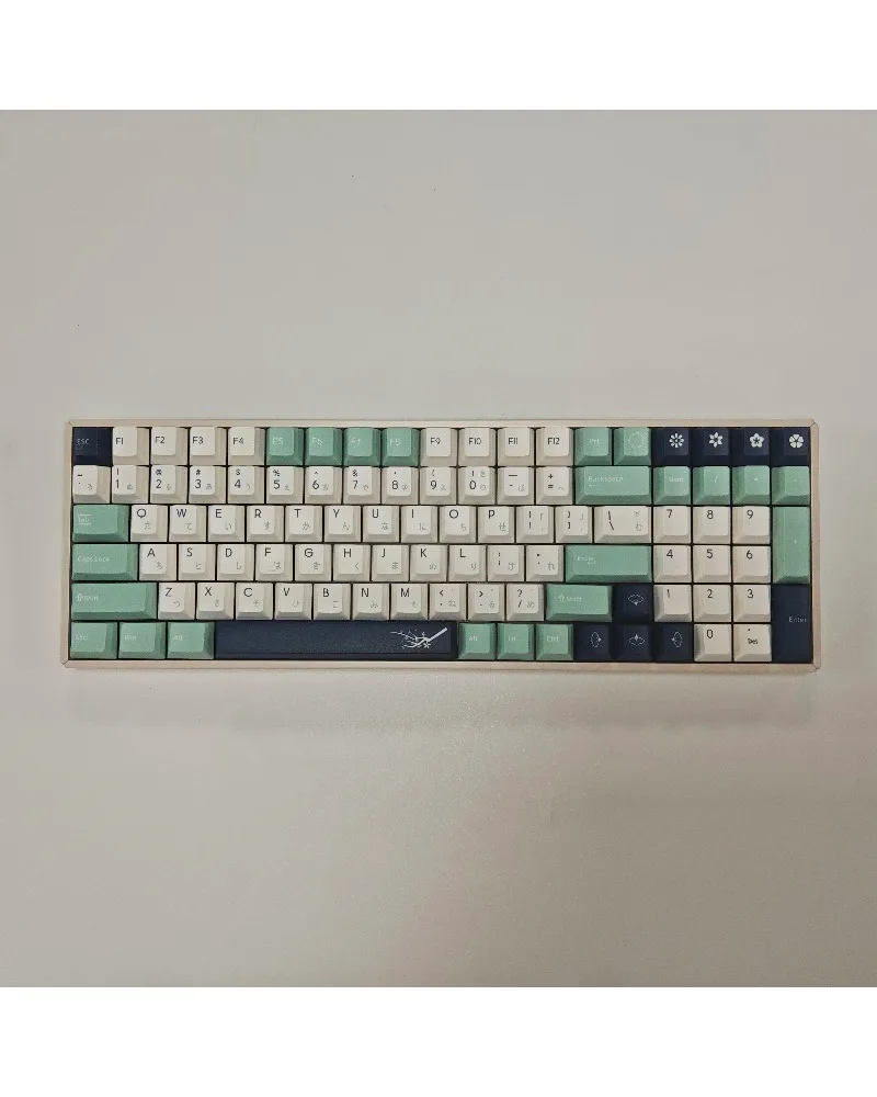 

white mint green and dark blue color block pbt dye sub keycaps full set oem profile for mechanical keyboards