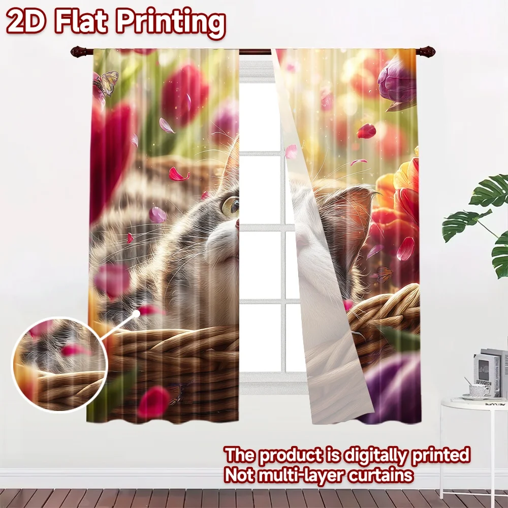 2D flat printing 2pcs Curtain Cute Cat Spring Tulips Basket Digital Printed Polyester Drapes Festive Holiday Perfect for Photo