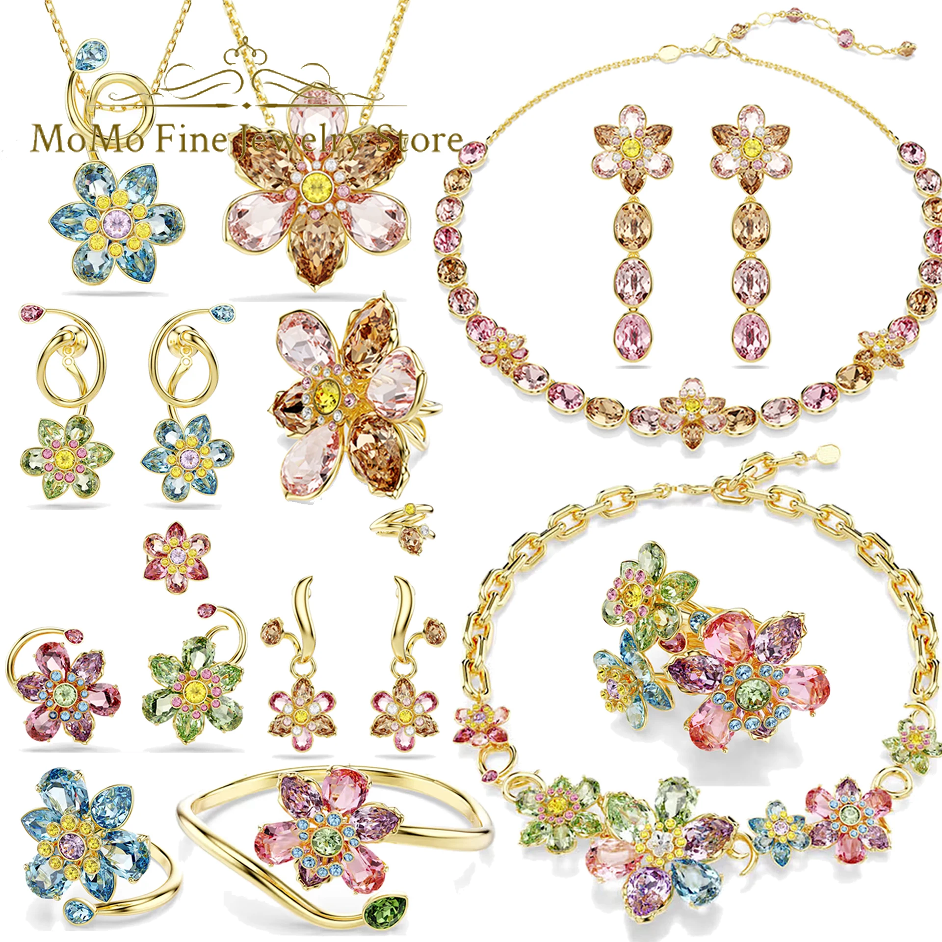 

Original 2026 New Trend Jewelry Sets Charming Gold Pink Flower Sparkling Crystal Luxury Women's Necklaces Bracelet Ring Earrings