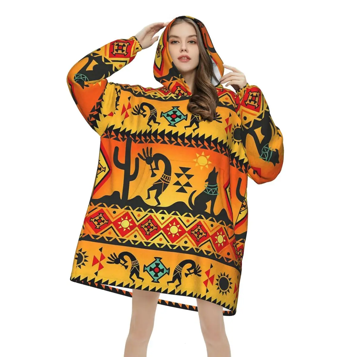 ART African Ethnic-Style Wearable Blanket Hoodie Warm Cozy Large Blanket Sweatshirt Thick Fleece Hooded Blanket with Pocket