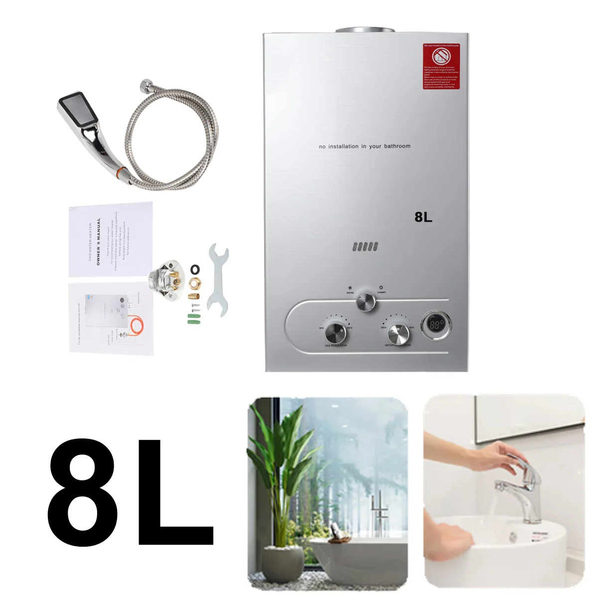 หม้อต้มเครื่องทำน้ำอุ่นโพรเพนเครื่องทำน้ำอุ่นพร้อมถังเครื่องทำน้ำอุ่นแก๊ส LPG 8/10/12/16/18L สำหรับบ้านตั้งแคมป์กลางแจ้ง RV W/หัวฝักบัว