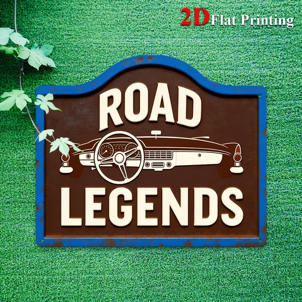 1pc 2D Flat Sign Artwork Showcasing A Classic Car Design Titled 'Road Legends', Ideal For Decorating A Garage, Bar, Or Man Cave