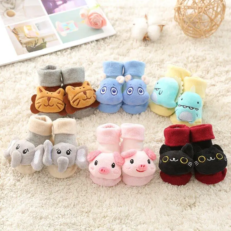 2 Pairs Newborn Baby Socks Cute Cartoon Animal Anti-Slip with Bell 0-6-12 Months Years Old Baby Girls Boys Kid Floor Socks