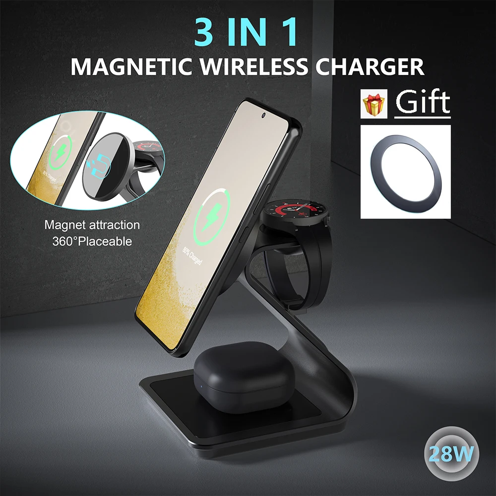 Bonola 25W Metal Magnetic 3 in 1 Charger Holder For Samsung S24 Ultra/S23 Fast Wireless Charging for Galaxy Watch 7/6/5/Earbuds
