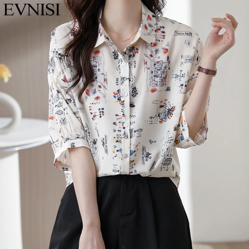 EVNISI Women Floral Printing Chiffon Blouse Polo-Neck Casual Office Shirt Single Breasted Party Tops Loose For Women Blouse