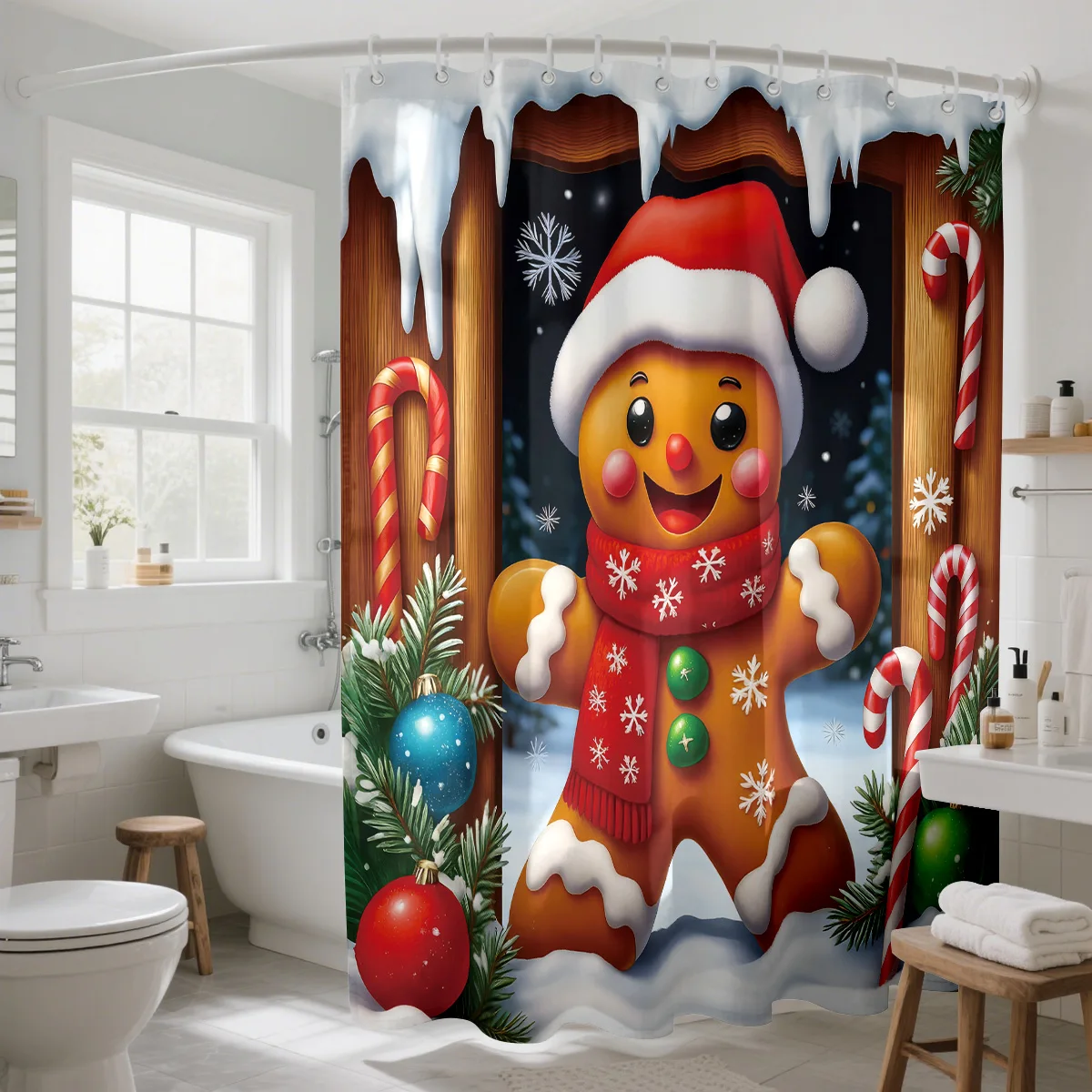 1pc Merry Christmas Gingerbread Printed Waterproof Shower Curtain with 12 Hooks, Available in Various Sizes and Machine Washable