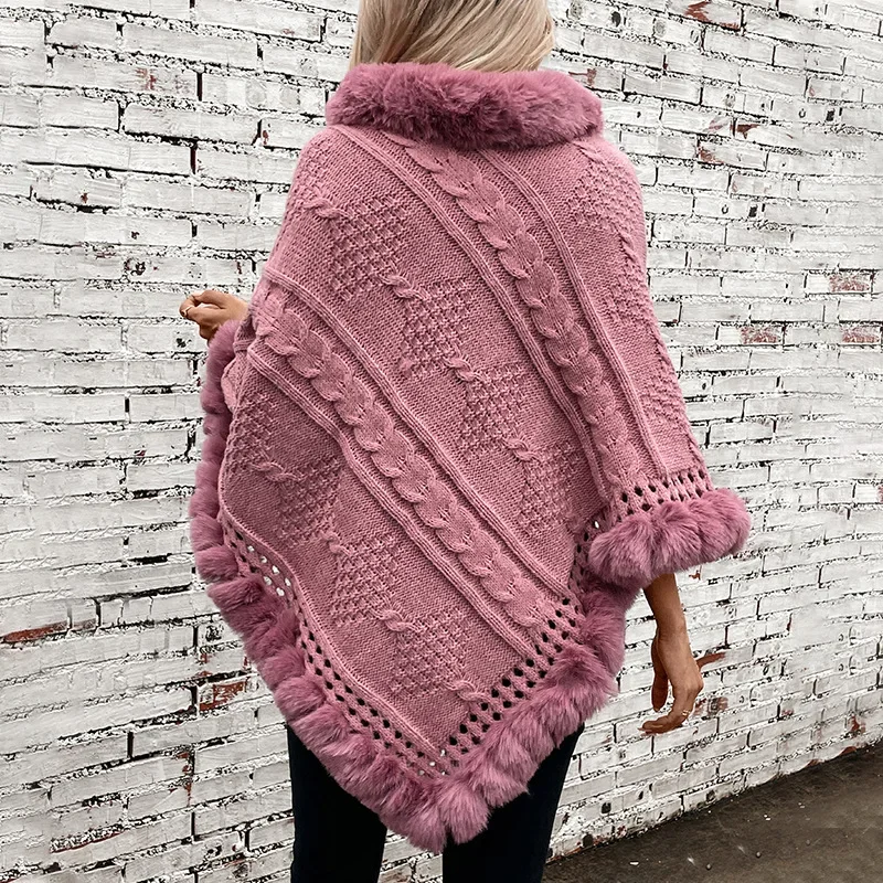 Capes Jassen Truien Jas Vrouwen Bontkraag Mantel Twist Gebreid Onregelmatige Poncho 'S Warm Dik Elegant Splice Herfst Winter