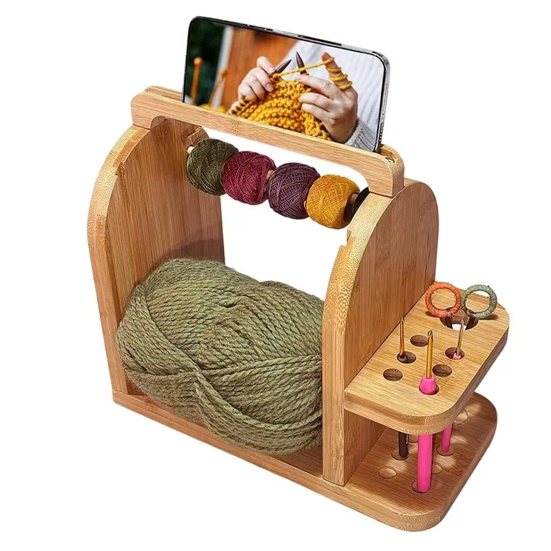

【THANKSGIVING DAY】Yarn Storage Organizer With Dual Rods,And Tool Slots- Bamboo For Crochet Knitting Accessories Holder Featuring