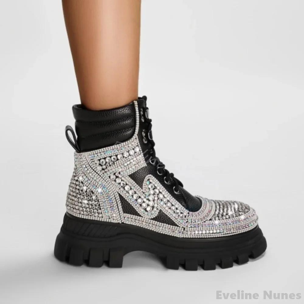 

Diamond-covered Platform Ankle Boots Women Round Toe Cross Tied Black Shiny Rhinestones Short Boots 2025 New Party Catwalk Boots