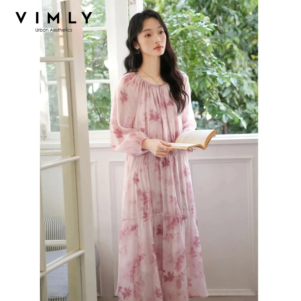 

VIMLY Women Floral Long Chiffon Dress Elegant French Style 2026 Autumn Vacation A-line Dresses Folds O-neck Loose Dress A0650