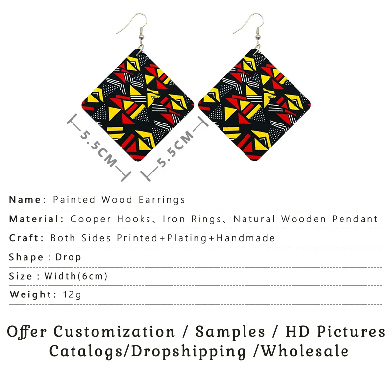 SOMESOOR Ankara Fashion Fabric Style Wooden Drop Earrings Angolan Samacaca Skirt Print African Beauty Square Dangle For Women