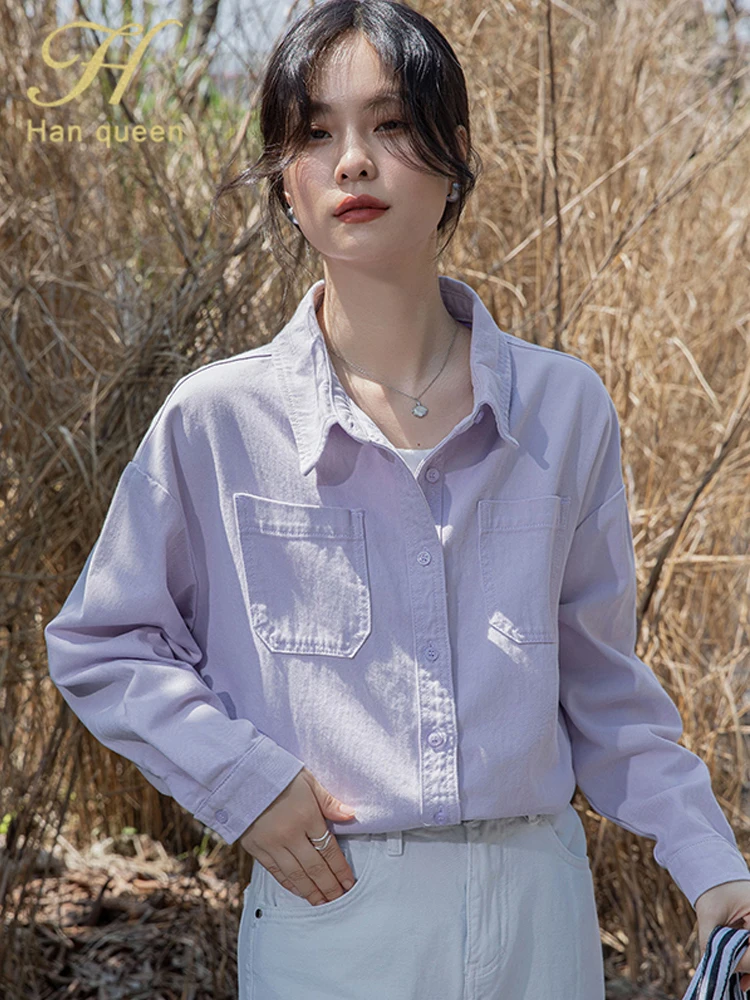 

H Han Queen Autumn Fashion Long Sleeve Vintage Office Blouse Denim Shirt Simple Tops Casual Women Loose Korean Popular Clothes