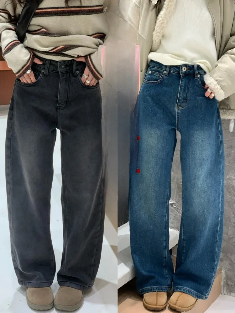 

Модные джинсы Feita: женские повседневные свободные утепленные джинсы с широкими штанинами на флисовой подкладке для зимы