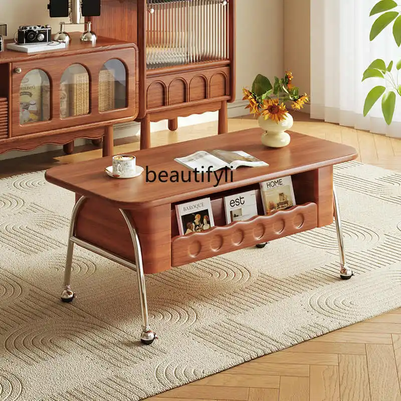 Solid Wood Mobile Coffee Table French Retro Living Room Home Adjustable Balcony Small Tea Table