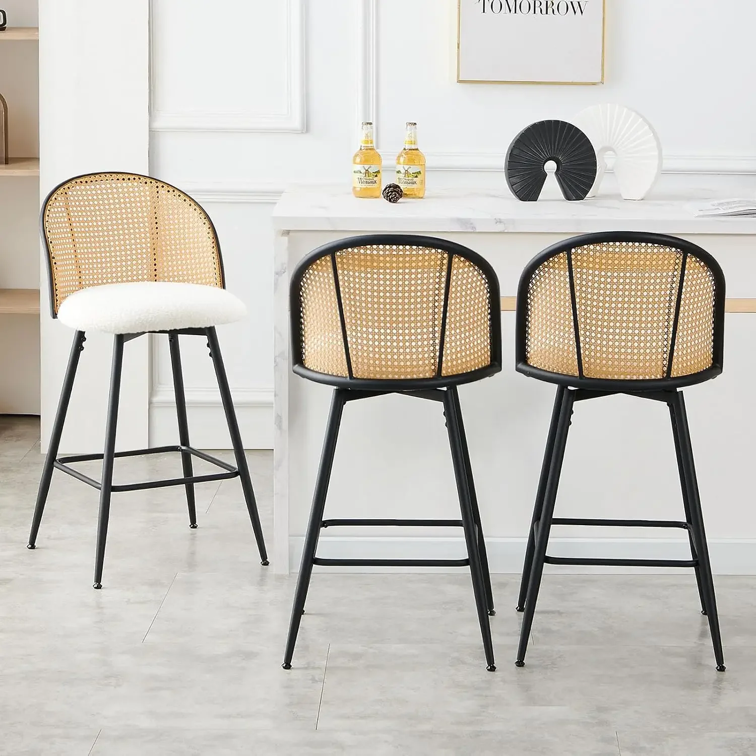 

Rattan Counter Height Bar Stools Set of 3, Swivel Upholstered Barstools with Cane Back and Metal Legs, 26" H Seat Height Bar