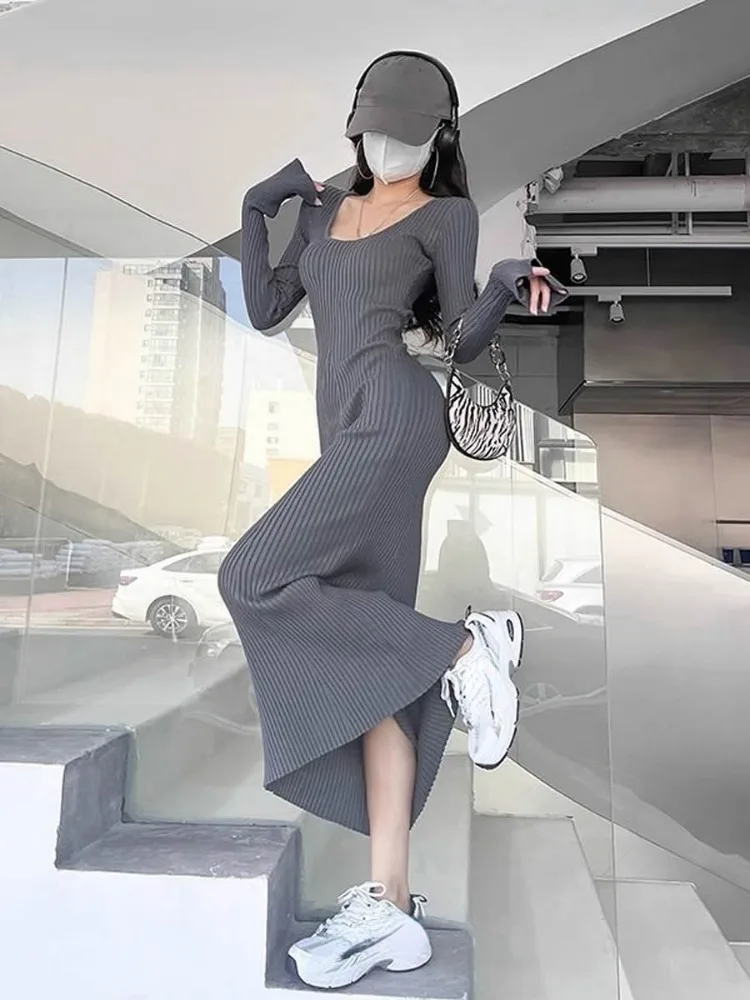 Maxi Dresses Women Clothing U-neck Flare Sleeve Solid Color Tunic Robe Femme 2024 Vestidos De Mujer Casual Fashion Knitted Dress