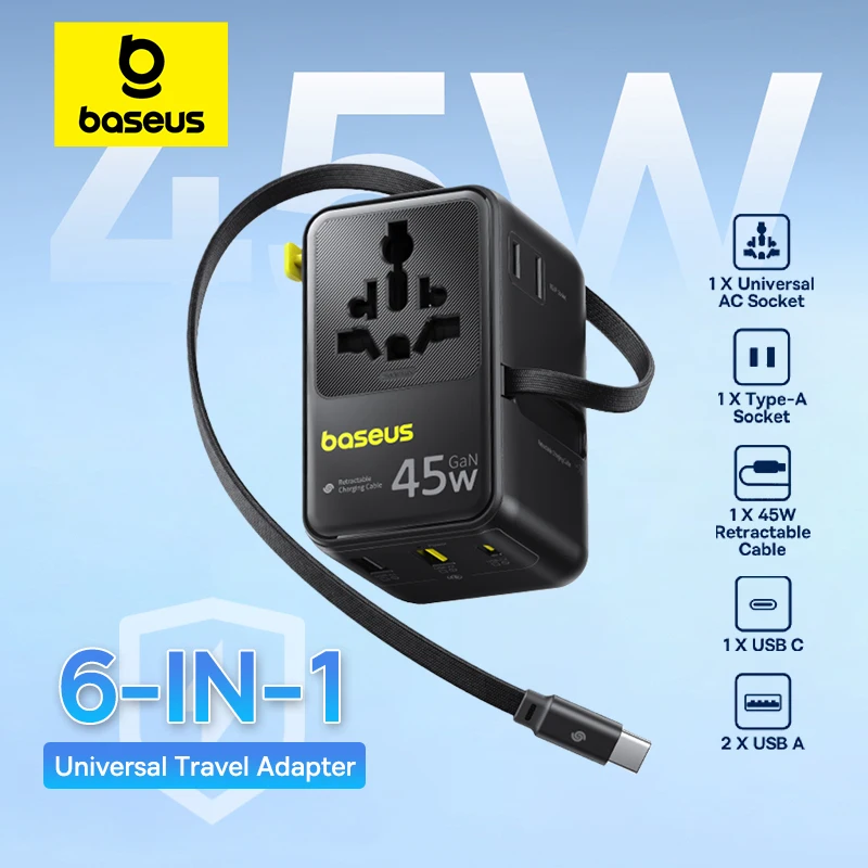 Chargeur de téléphone GaN GaN 6 en 1, adaptateur de voyage universel, câble rétractable 45W/70W, prise 2AC, prise USB ue/UK/US, nouveauté