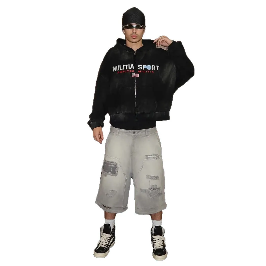 

European and American design flag pattern zipper hooded sweatshirt Harajuku sweatshirt retro fashion street trendsetter Y2K emo