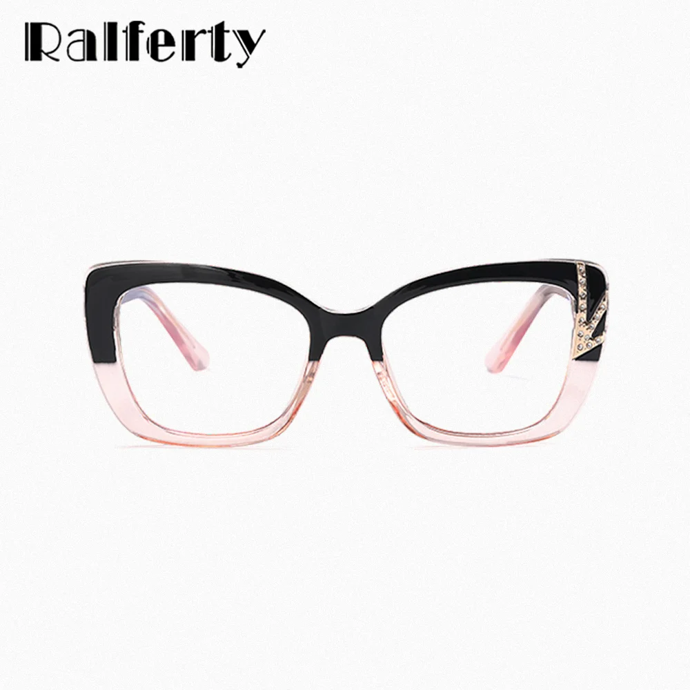 Ralferty Luxury Designer TR90 Women's Eyeglasses Frame Rhinestone Anti Blue Plain Glasses No Diopter Prescription Myopia Frames