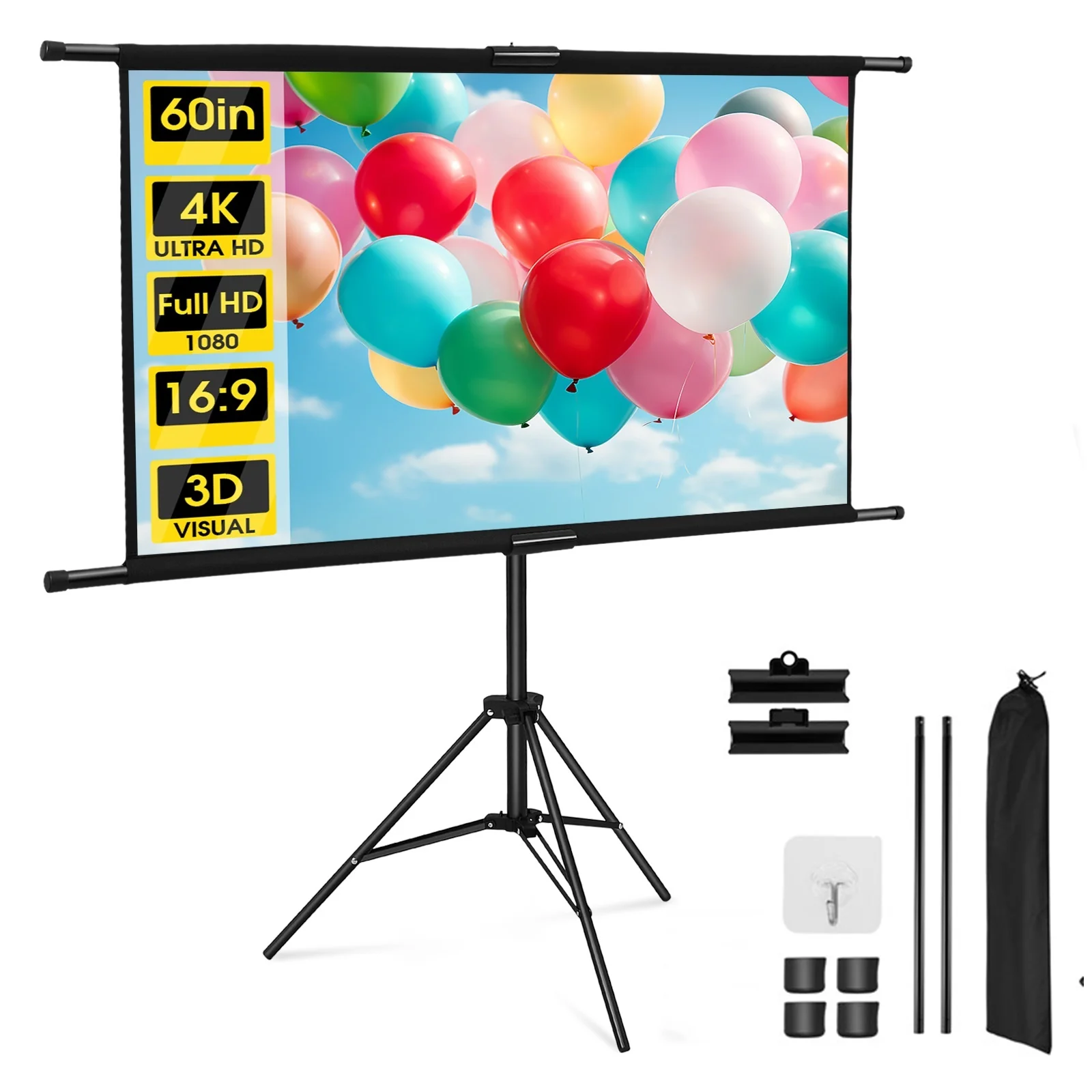 

CNCBSR 60 Inch Tripod Projector Screen W/ Stand 16:9 4K HD Portable Home Cinema for Indoor & Outdoor Projection Camping Party