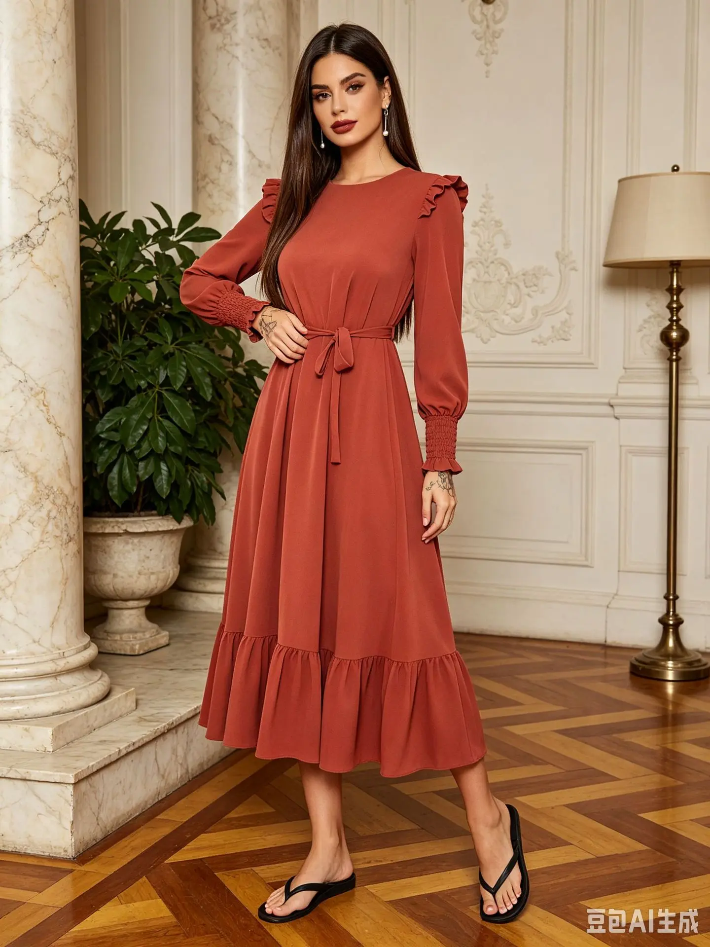 Damen Langarm-Rüschen-Maxikleid mit Gürtel, Lässiges Büro-Party-Swing-Kleid, O-Ausschnitt, Lange Kleider, Herbst-Winter, Vestidos 2027 – Detail 5