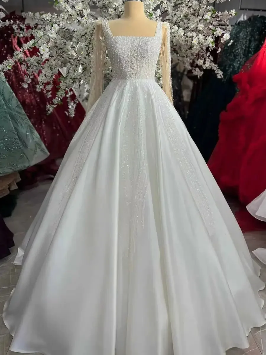 Flavinke vestidos De novia personalizados Línea A cuello cuadrado perlas manga larga hasta el suelo Vestido De novia bata De novia