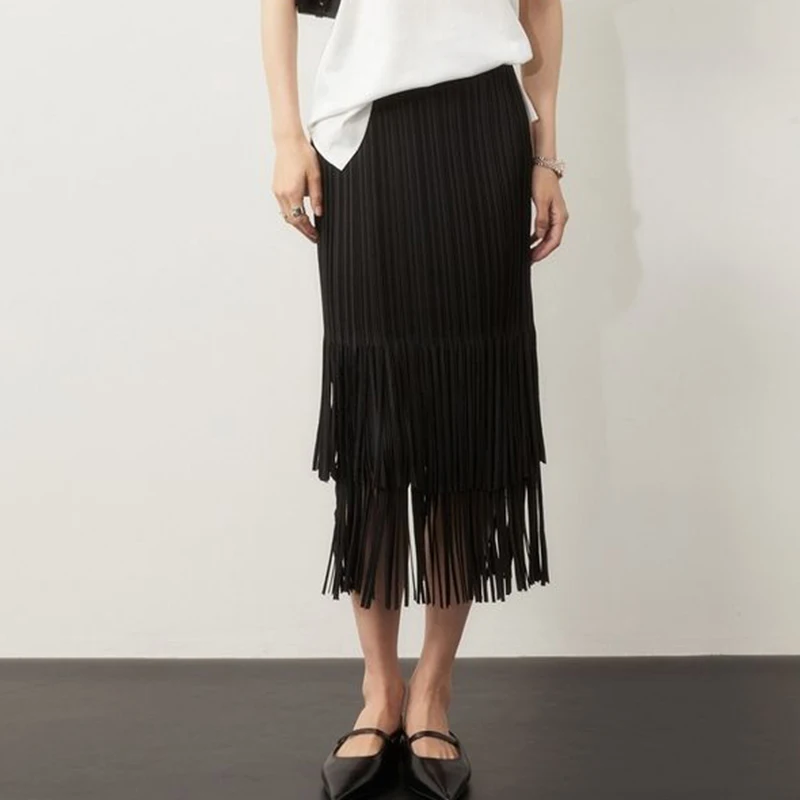 Printed retro pleated fringed skirt skirts for women korean fashion clothing long skirts for women Loose Fit