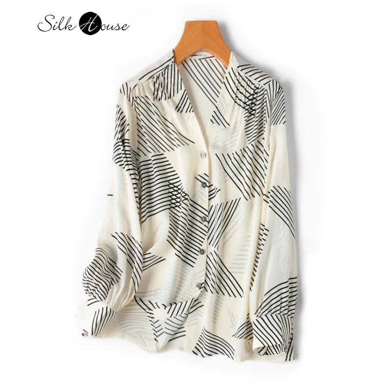 

2024 Women's Fashion Spring New 20MM 100%Natural Mulberry Silk Crepe De Chine V-neck Lantern Long Sleeved Vertical Stripes Shirt