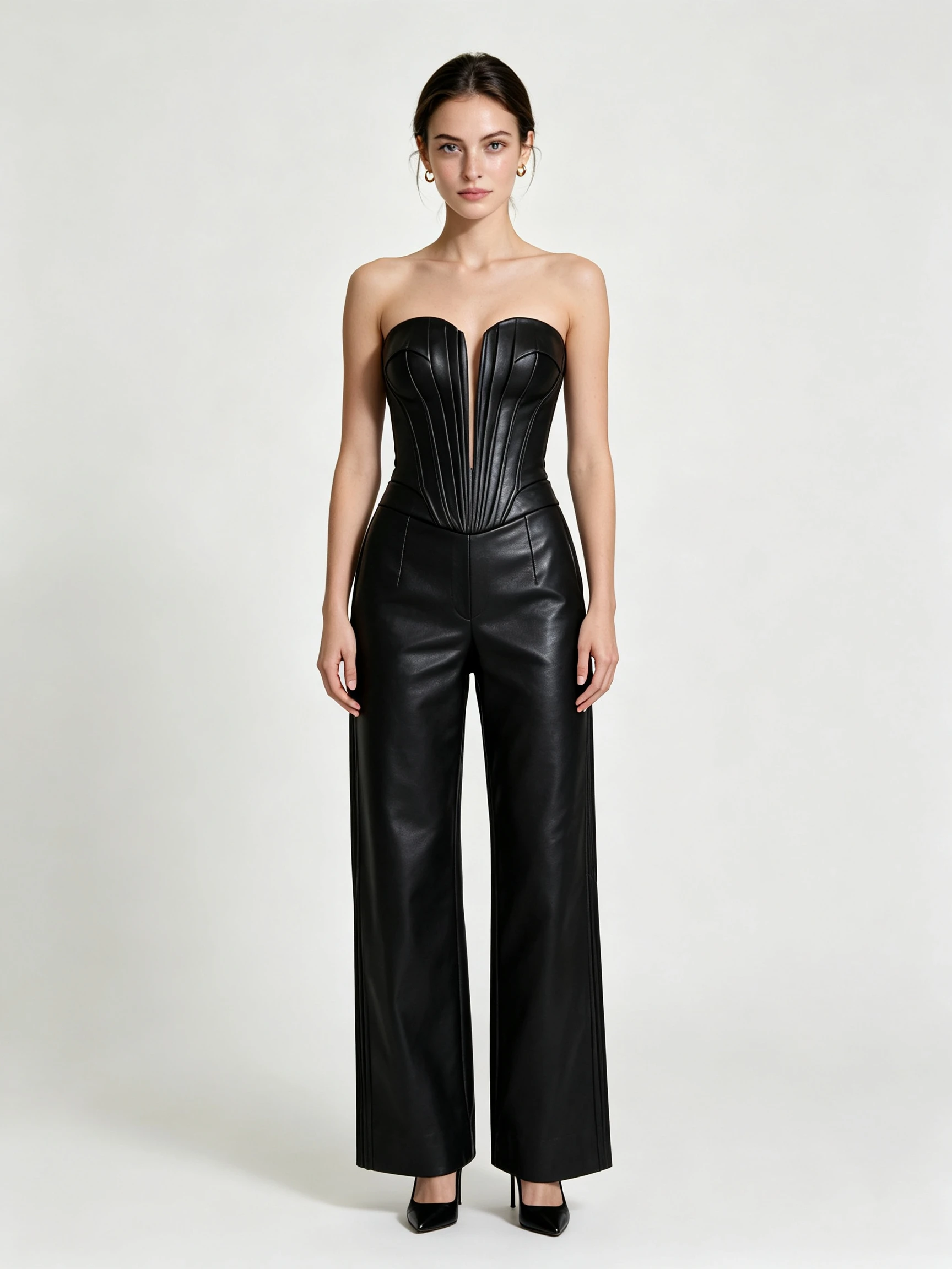 Women's Strapless Faux Leather Corset Jumpsuit with Deep V-Neck and Wide-Leg Pants