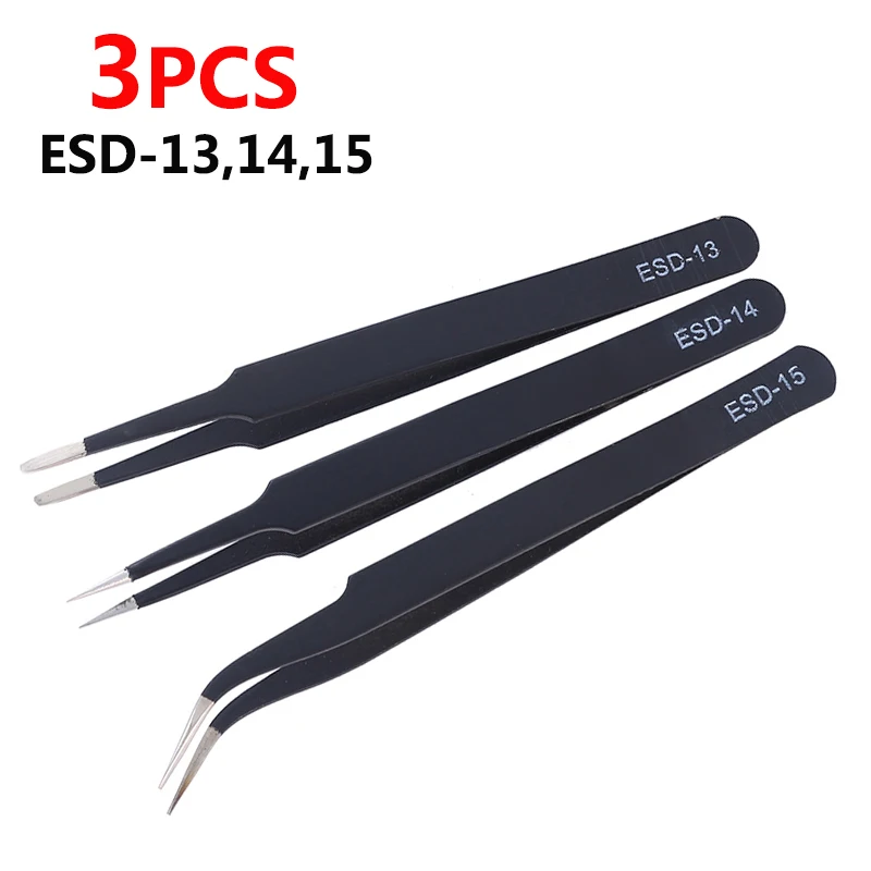 Precision Tweezers Set ESD Anti-Static Stainless Steel Tweezers Repair Tools for Electronics Repair Soldering Craft