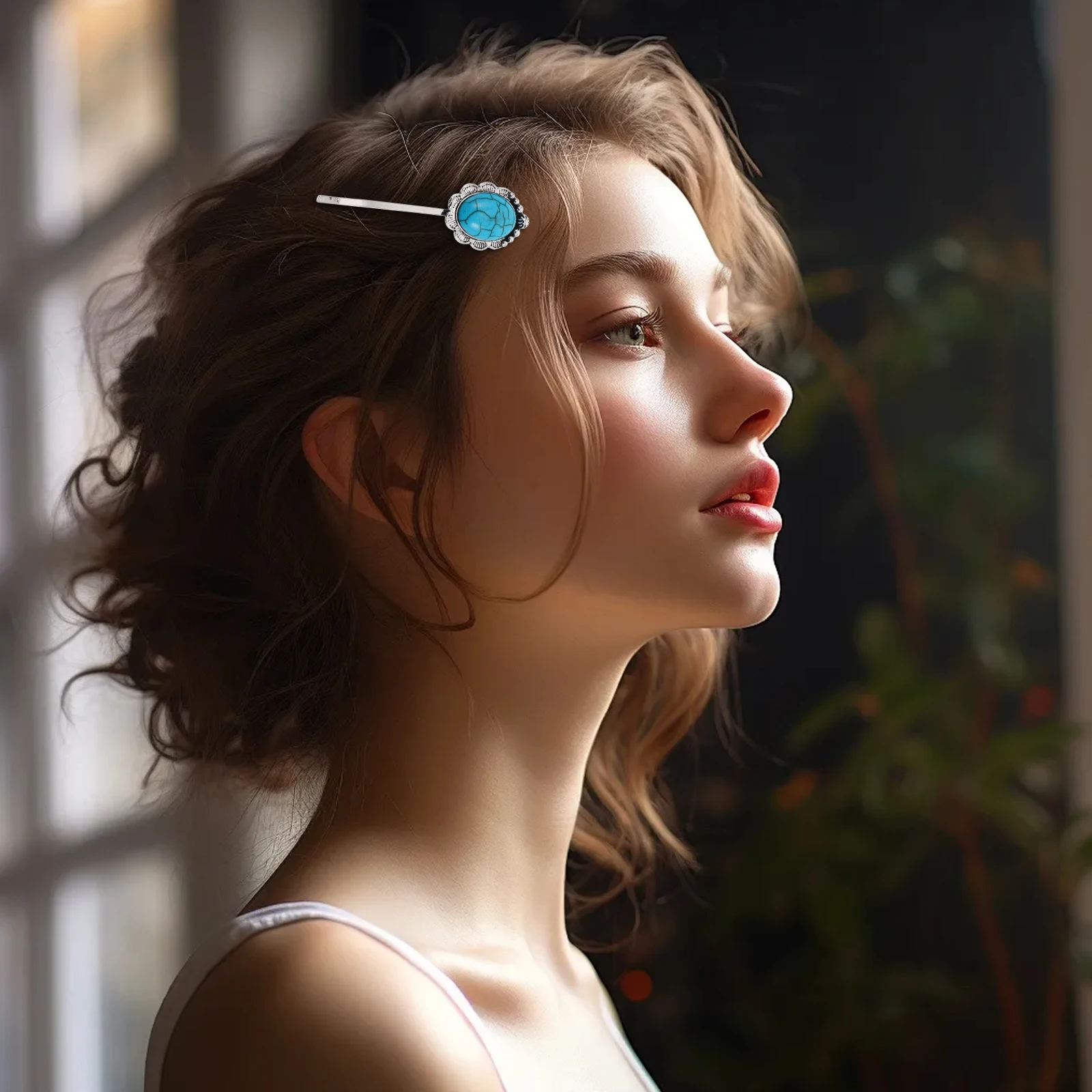 

3 Pcs Hair Clip Set Boho Style Turquoise Inlay Bobby Women Zinc Alloy Decorative Barrettes for Daily Party Wedding Western