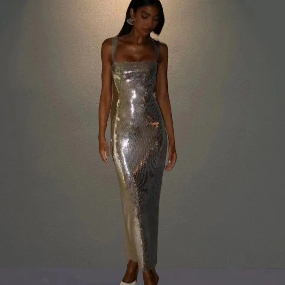 Woman Clothes Sleeveless Sequin Strap Dress Sequin Dress Evening Dress Beach Dress Party Dress