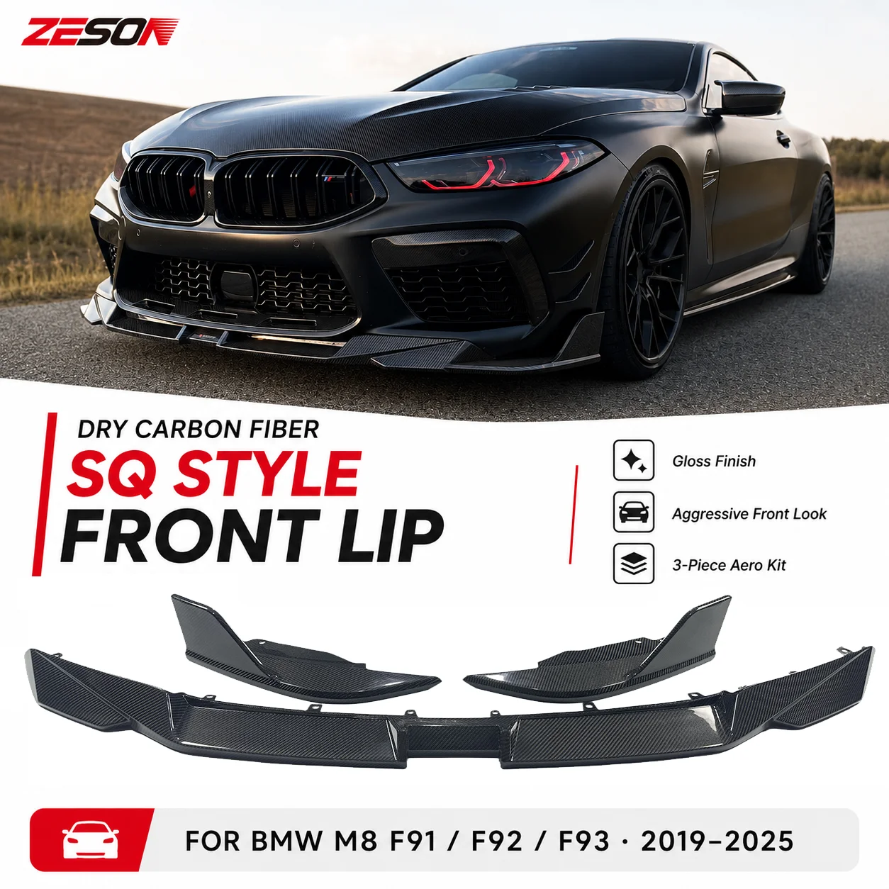Dry Carbon Fiber SQ Style 3 Piece Front Lip Splitter with Canards for BMW M8 F91 F92 F93 Coupe Convertible Gran Coupe Glossy