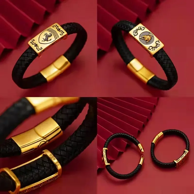 Men's Fashion Ethnic Style 9999 24K Real Gold Bullish Sky Soaring Leather Rope Bracelet Successful Delivery Bracelet High-end