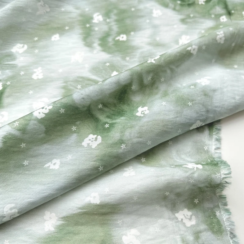 NO96 2023 New In Thin Breathable Green Tie-dye Flower Printed Silk Hemp Tencel Linen Fabric For Women's Summer Dress