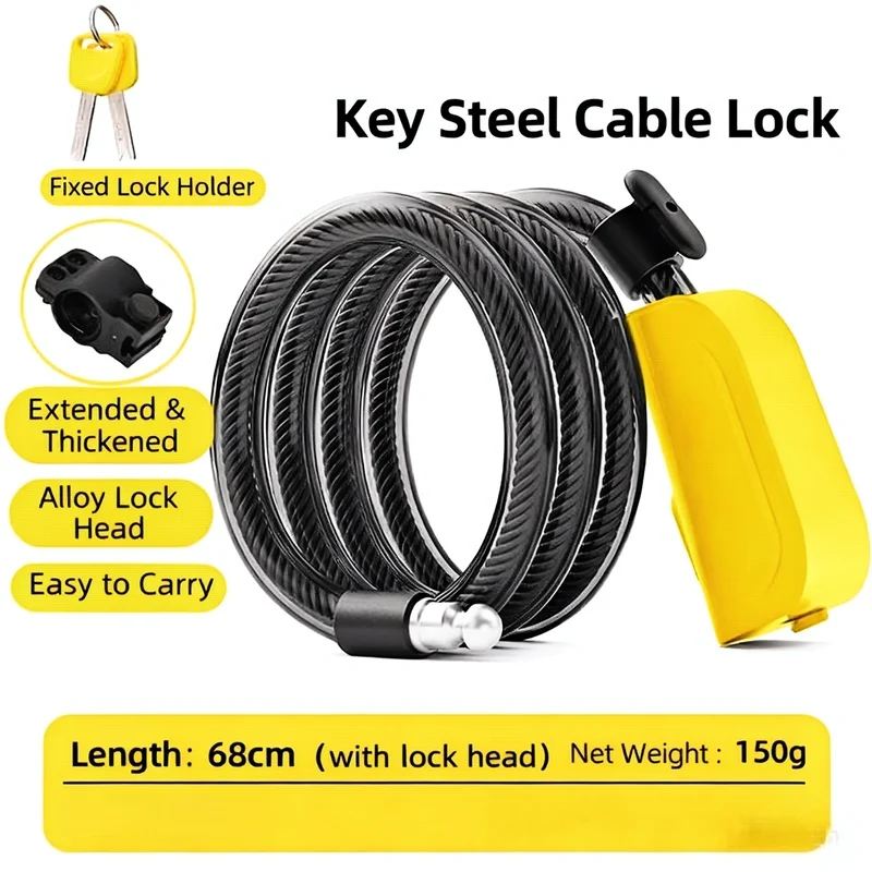 Steel Cable Bike Lock with Alloy Lock Head, Cut-Resistant Thick Cable, 2 Size Options, Includes Mounting Holder and 2 Keys