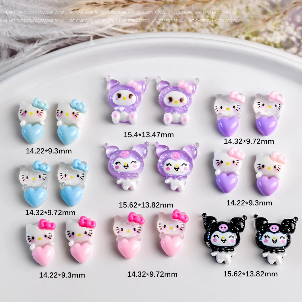 10 шт. Kawaii розовое синее сердце Hello Kitty подвеска для ногтей смола мини-мультфильм Kuromi дизайн ногтей с плоской задней частью горный хрусталь DIY поделки для ногтей