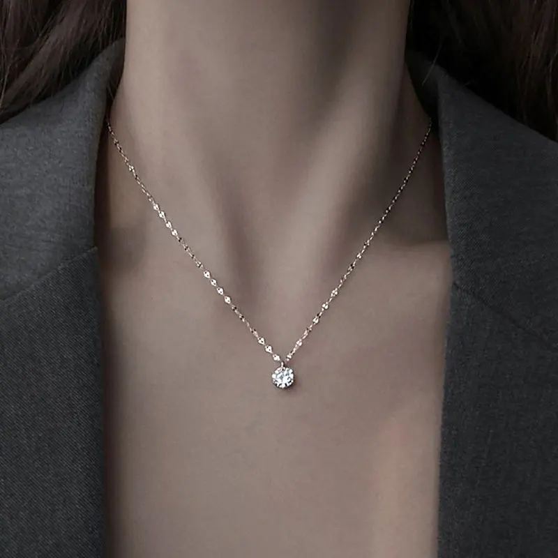 SOMILIA -18K vergoldete Halskette aus S925-Sterlingsilber für Damen, zierliche, minimalistische Solitär-Halskette mit rundem CZ-Stein, funkelnd, C – Detail 14