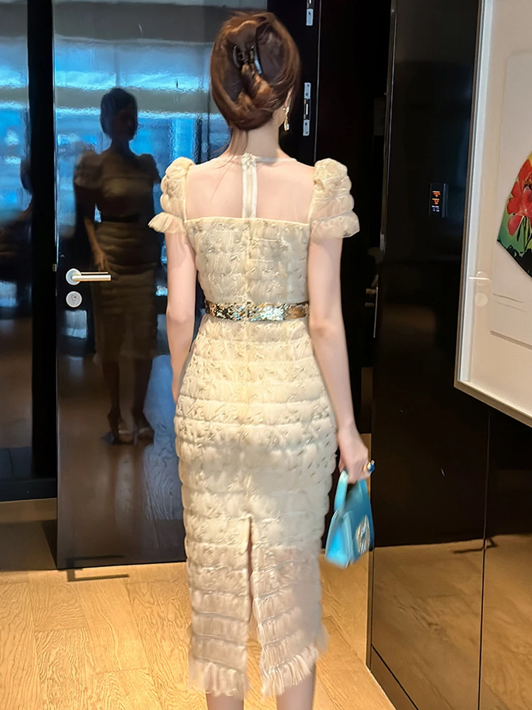 Abito da donna francese da socialite da donna dolce ed elegante maglia trasparente pieghe ricamate con paillettes aderente abito da festa per banchetti Vestido Lady