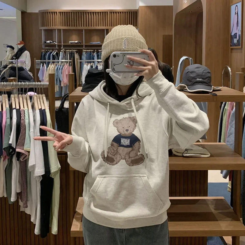 

New Cotton Bear Print Hooded Sweater Unisex Casual Loose Hooded Jumper Fashionable and Comfortable Street Wear