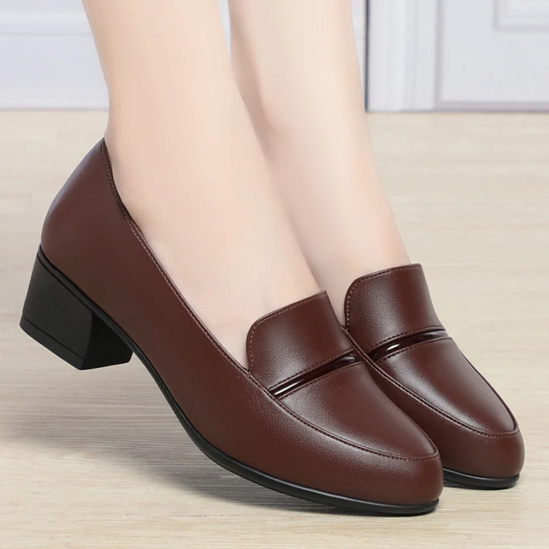 Spring Autumn Women's High Heels Fashion Soft Leather Soft Bottom Casual Single Shoes Comfortable Thick Heel Mother Shoes