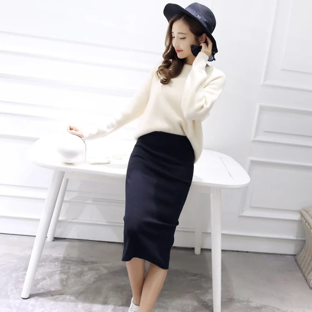 

Autumn Winter Bodycon Skirt Women Stretchable Split Skirt Mid Calf Slim Pencil Skirts For Women Female Knit Skirt