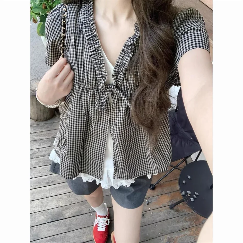 Y2k Women Cute Plaid Short Sleeve Blouse Ruffle Lace V Neck Kawaii Checkered Top Sweet Summer Casual Girls Fashion Vintage Shirt