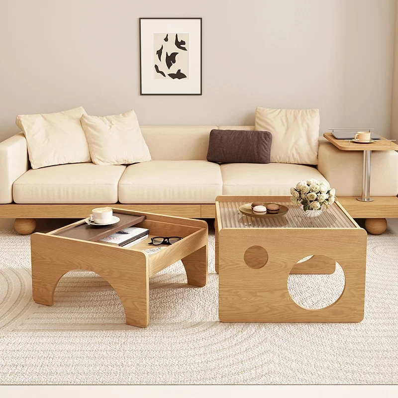 Solid Wood Small Apartment Living Room Home Modern Minimalist Changhong Glass Tea Table Combination