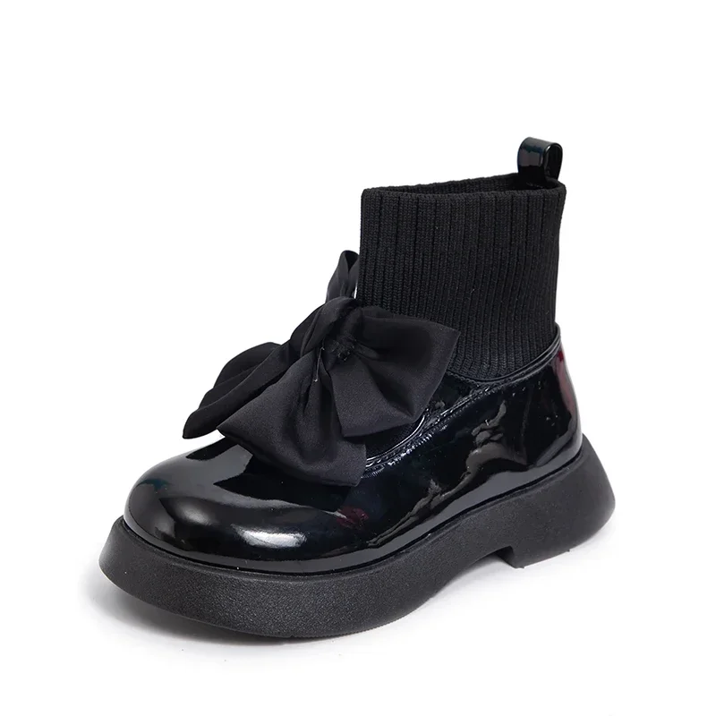 Children's Boots Fashion PU Solid Black Bow Girls Uniform 2024 Spring and Autumn New Kids Fashion Knit School Socks Shoes