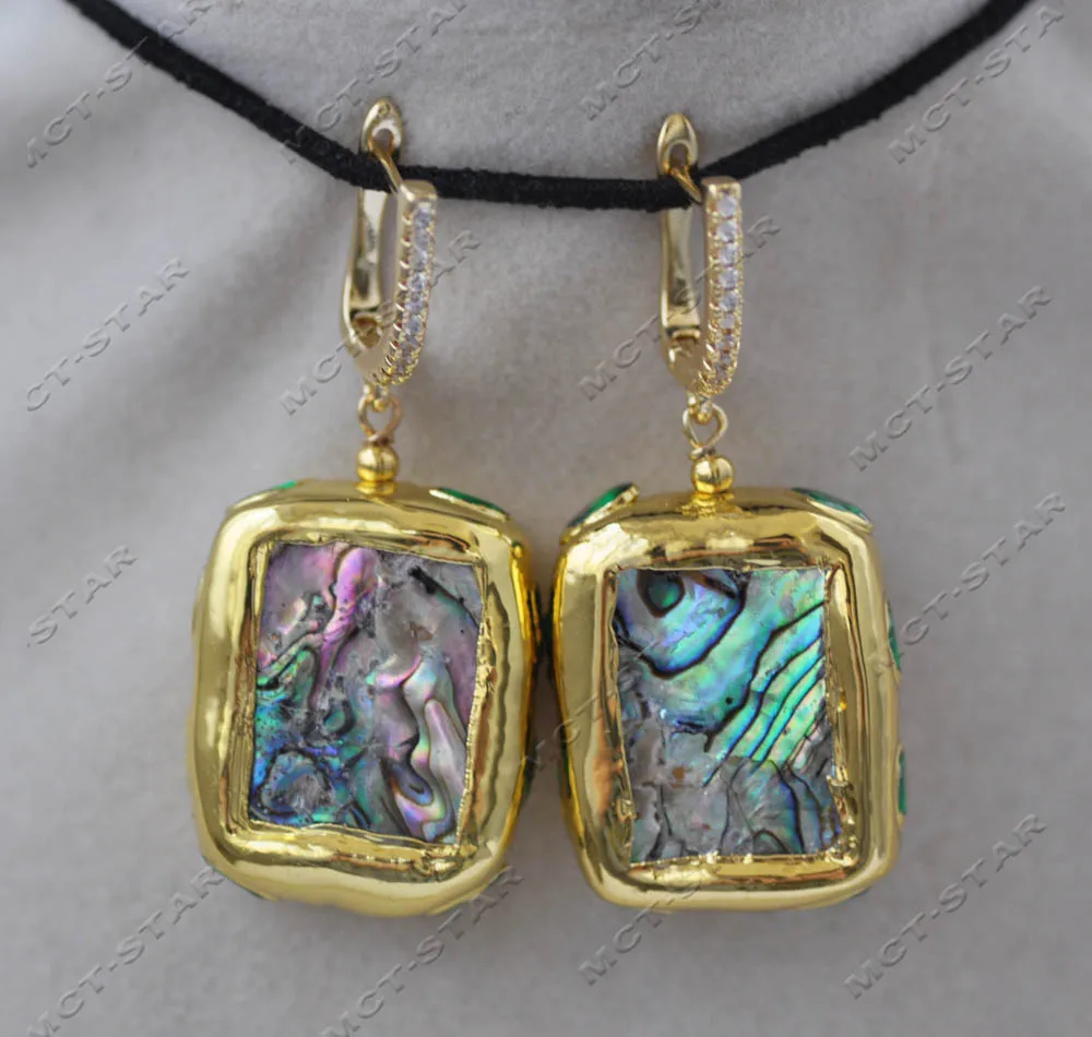 Z13276 Set 27mm Square Peacock Abalone Shell Gold Plating Earring Pendant CZ Custom Jewelry