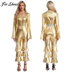 Women Retro 70s Disco Dance Hippie Jumpsuit Long Sleeve Shiny Flared Bodysuit Halloween Carnival Theme Party Cosplay Costume