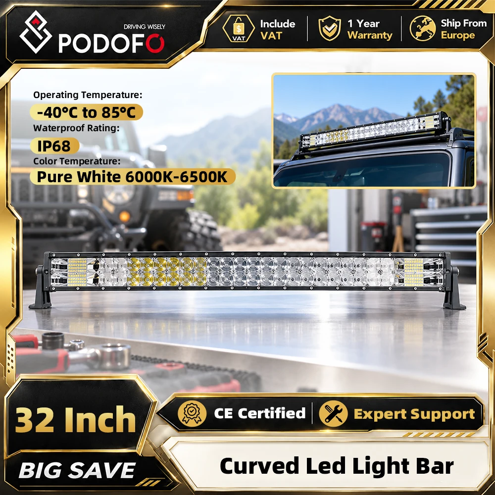 Podofo, barra luminosa a LED curva da 32 pollici, modello COMBO 620W, con doppia fila di LED, ideale per guida su strada e fuoristrada, per auto, camion, veicoli 4x4, SUV e ATV, 12V/24V, realizzata in