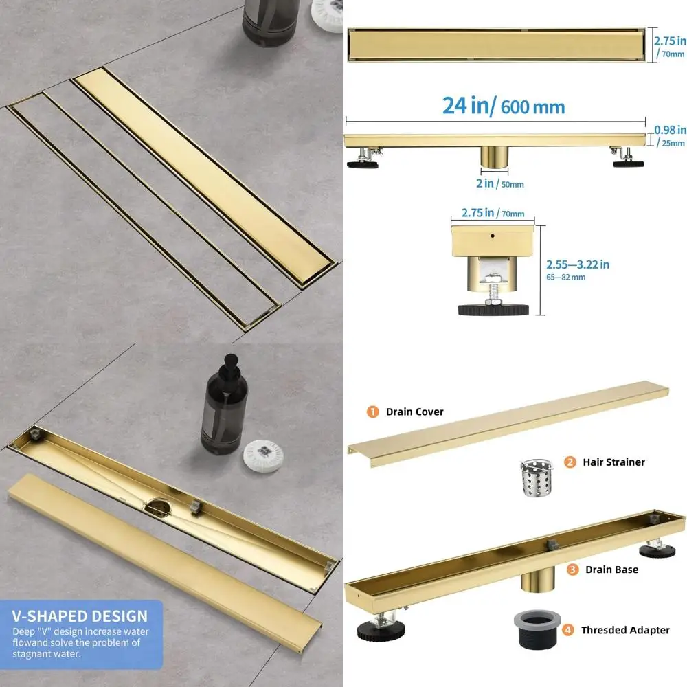24 تصريف دش من الفولاذ المقاوم للصدأ باللون الذهبي المصقول مع حشوة للبلاط، صائد الشعر، تصريف أرضي مستطيل للتصميم الخطي #1